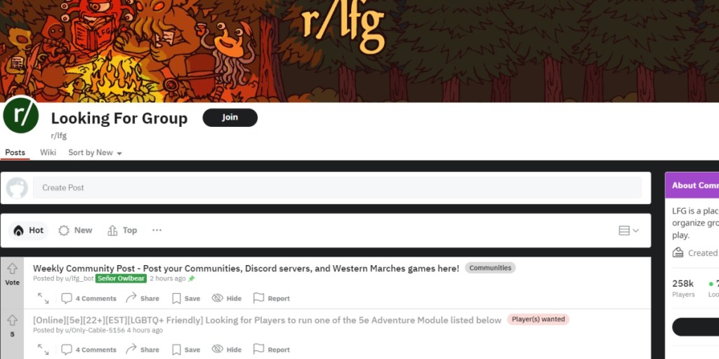 An entry image showing Reddit's /r/LFG TTRPG subreddit