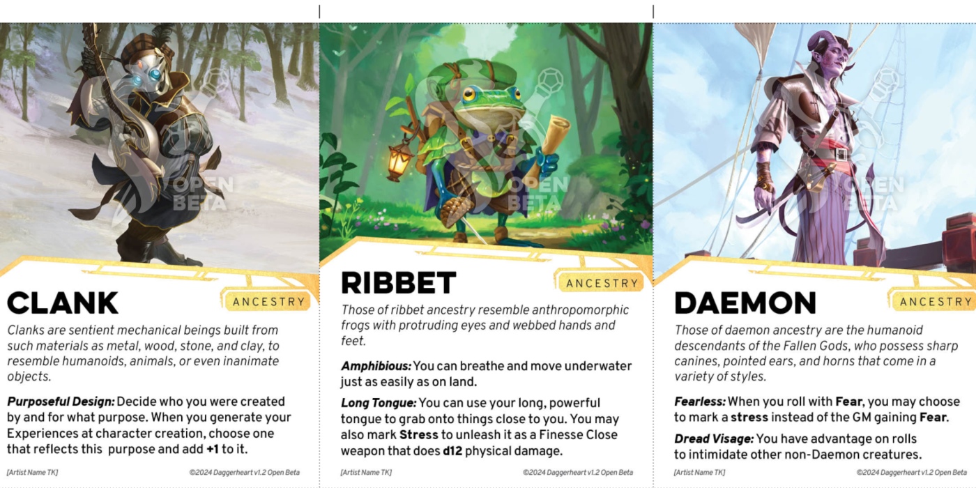 An entry image showing the Clank, Ribbet, and Daemon Ancestries in Critical Role Daggerheart TTRPG