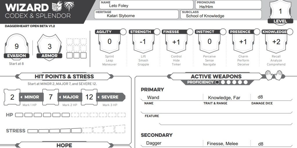 An entry image of a Wizard character sheet in Daggerheart Critical Role TTRPG