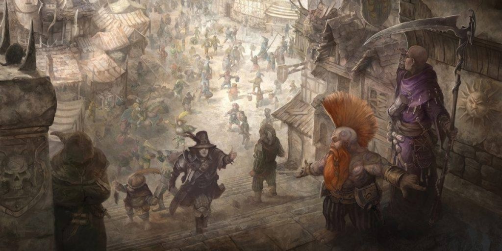 An entry image showing adventurers in a city in WFRP Warhammer RPG